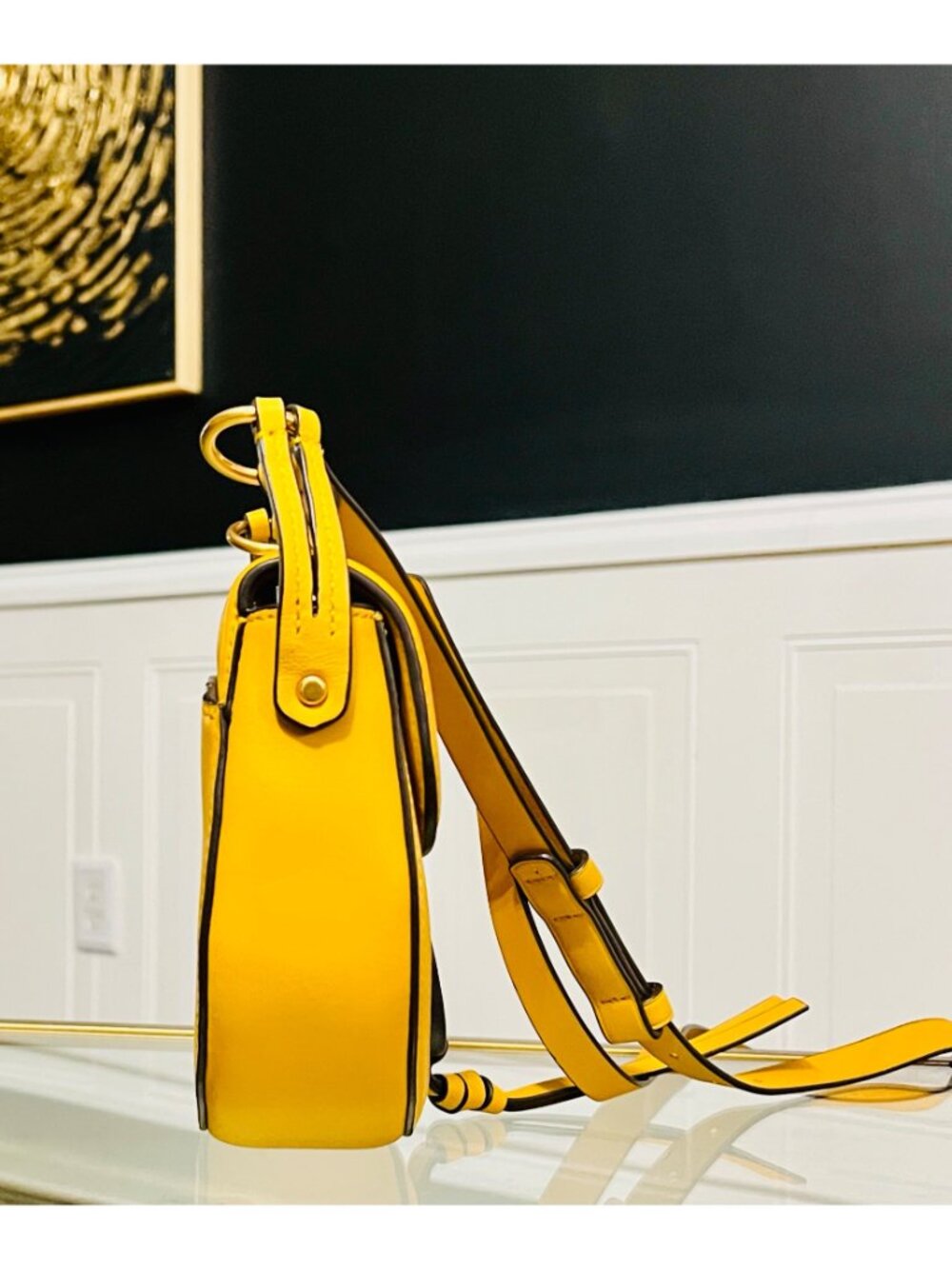 Tory Burch Miller Canvas & Leather Saddle Bag Yellow/Natural Crossbody - Picture 4 of 10